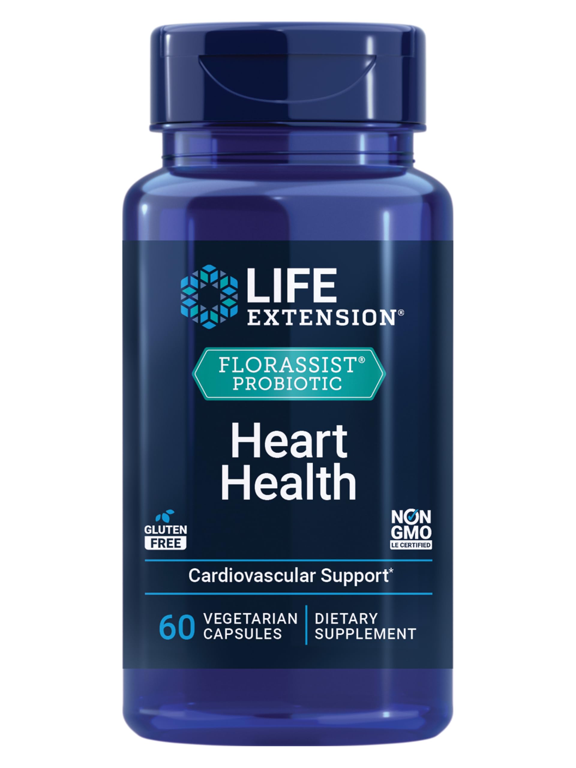 Life Extension frasco frontal mostrando etiqueta y beneficio cardiovascular