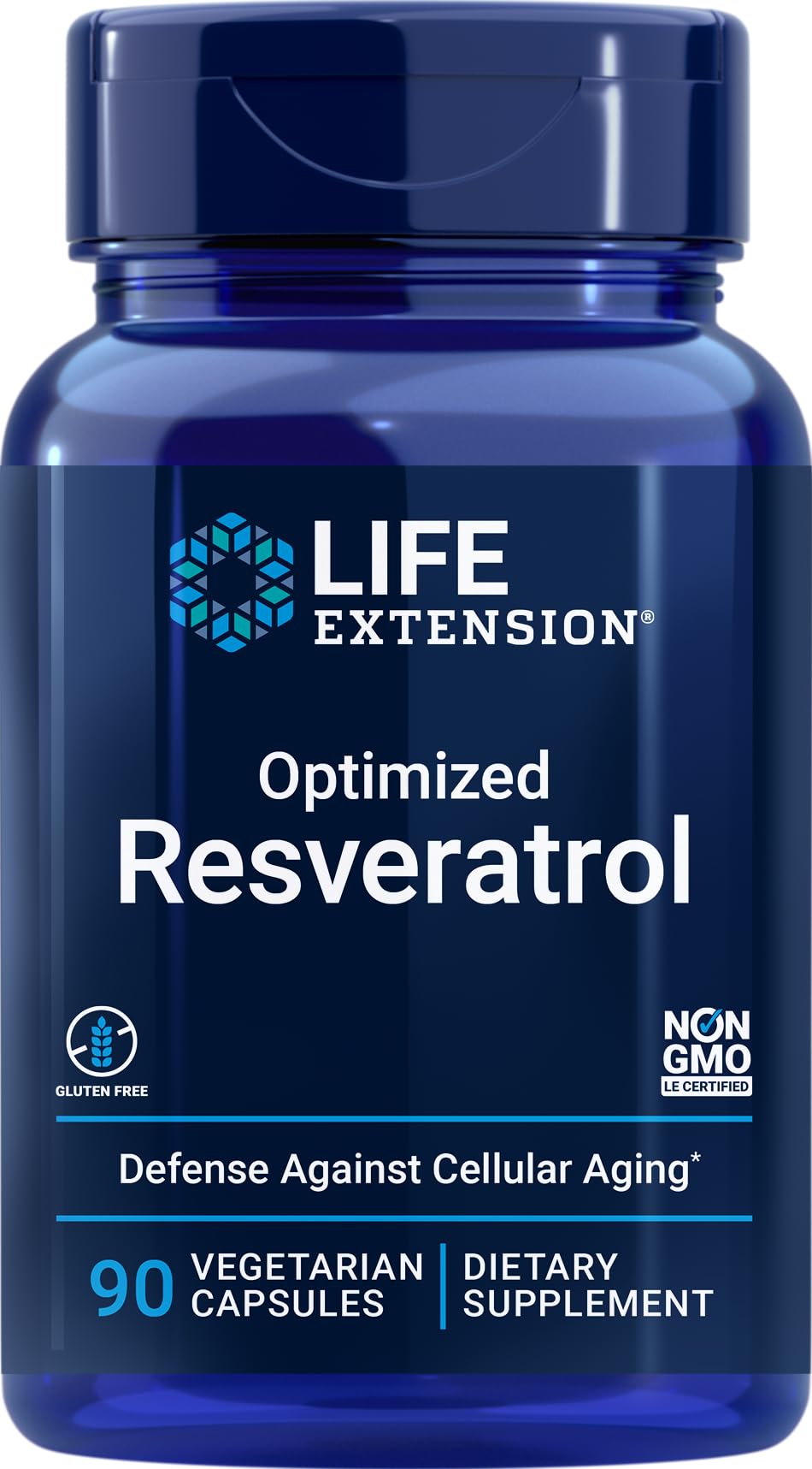 Life Extension frasco frontal mostrando etiqueta y cantidad, claridad de información