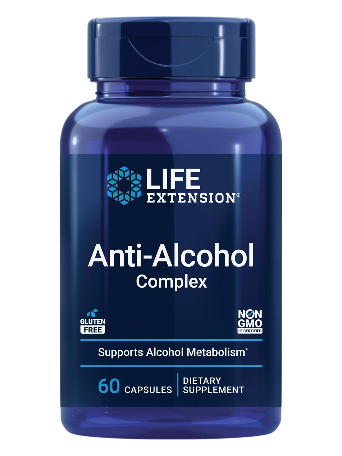 Life Extension envase frontal Anti-Alcohol Complex mostrando beneficios