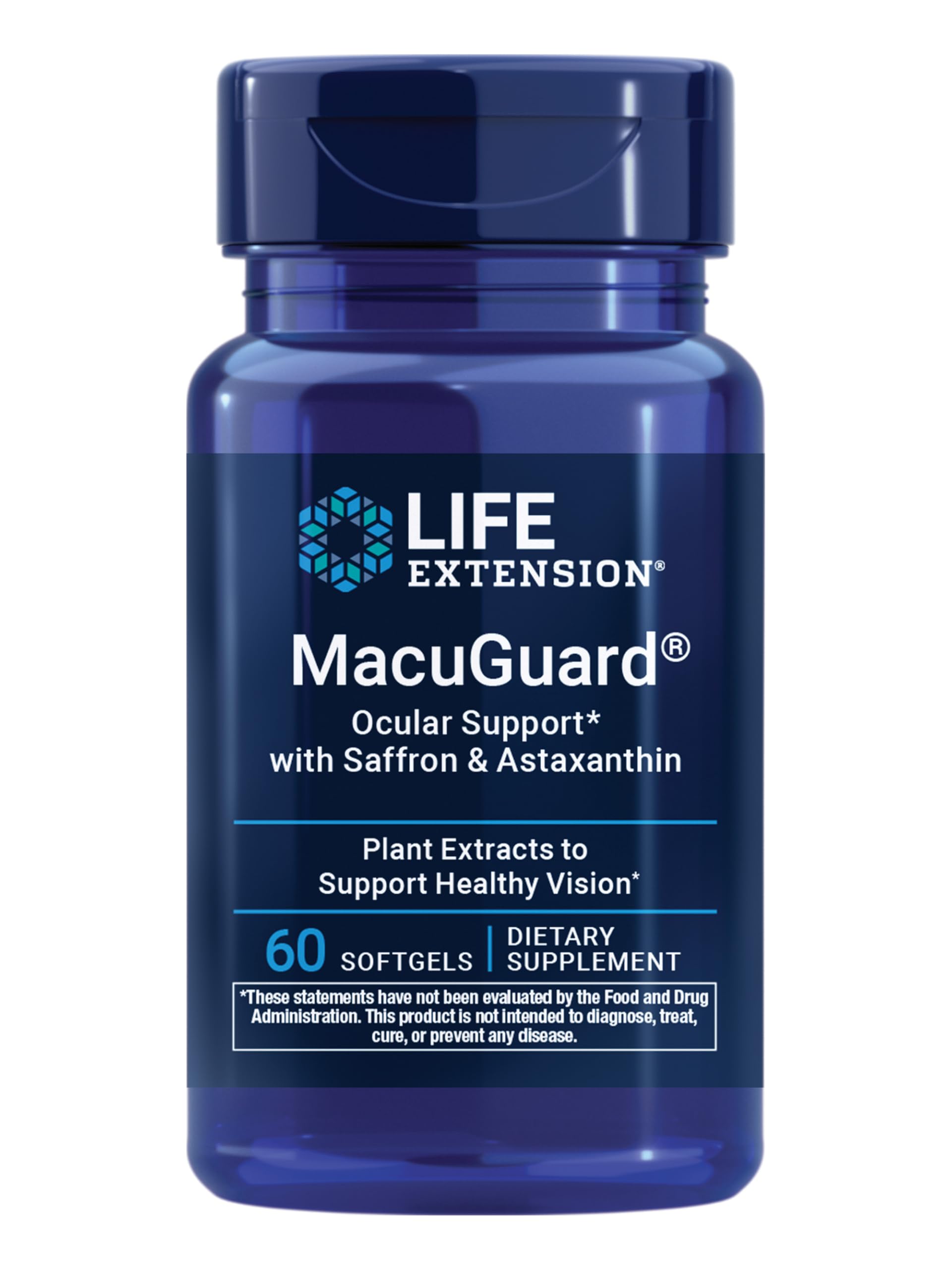 Life Extension envase frontal de MacuGuard mostrando beneficios clave para la vista