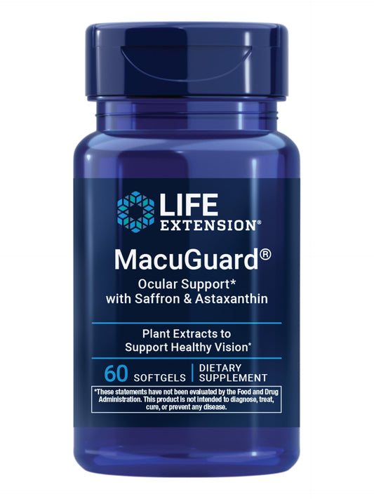 Life Extension envase frontal de MacuGuard mostrando beneficios clave para la vista