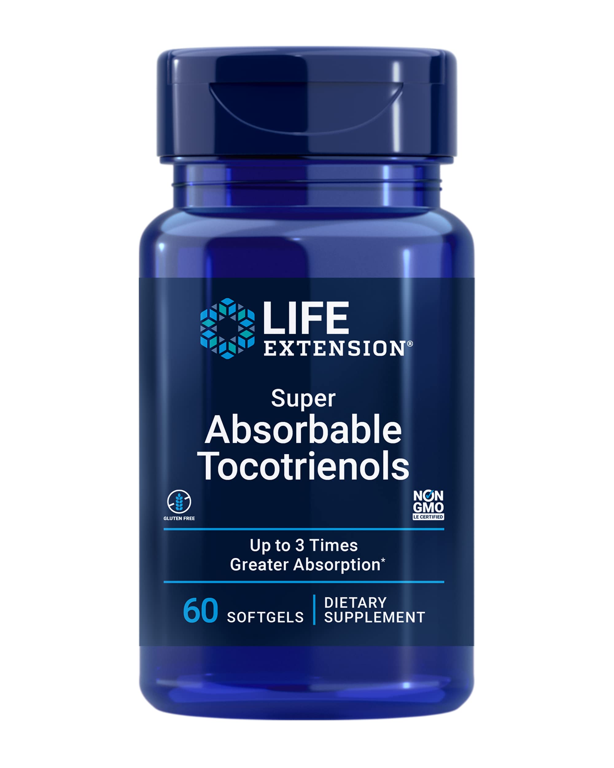 Life Extension frente del envase mostrando marca y 60 softgels, confianza y pureza