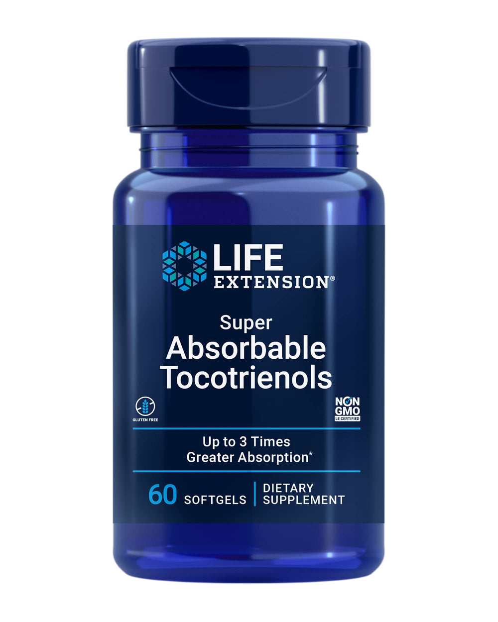 Life Extension frente del envase mostrando marca y 60 softgels, confianza y pureza