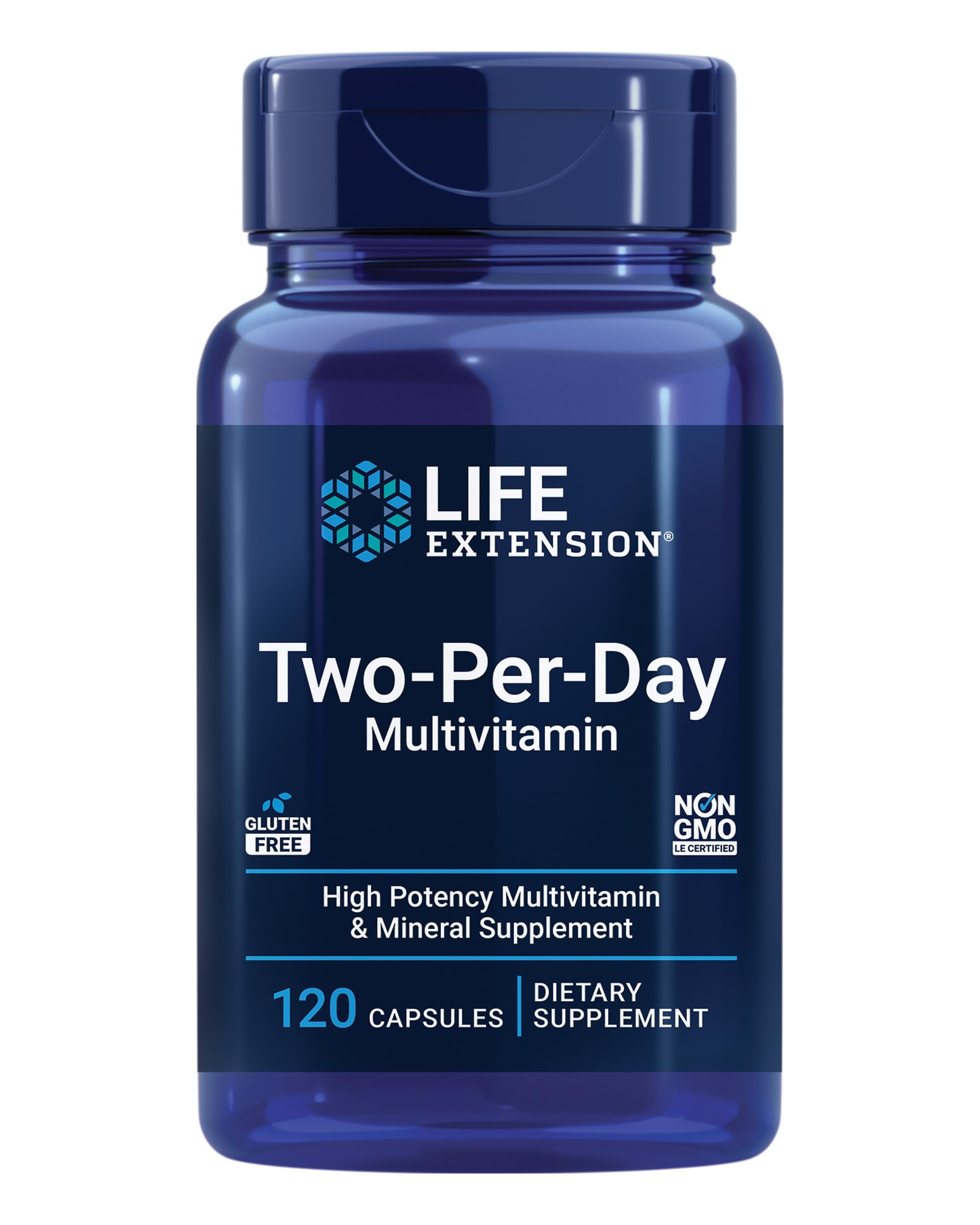 Life Extension envase frontal mostrando marca y suministro de dos meses, confianza visual