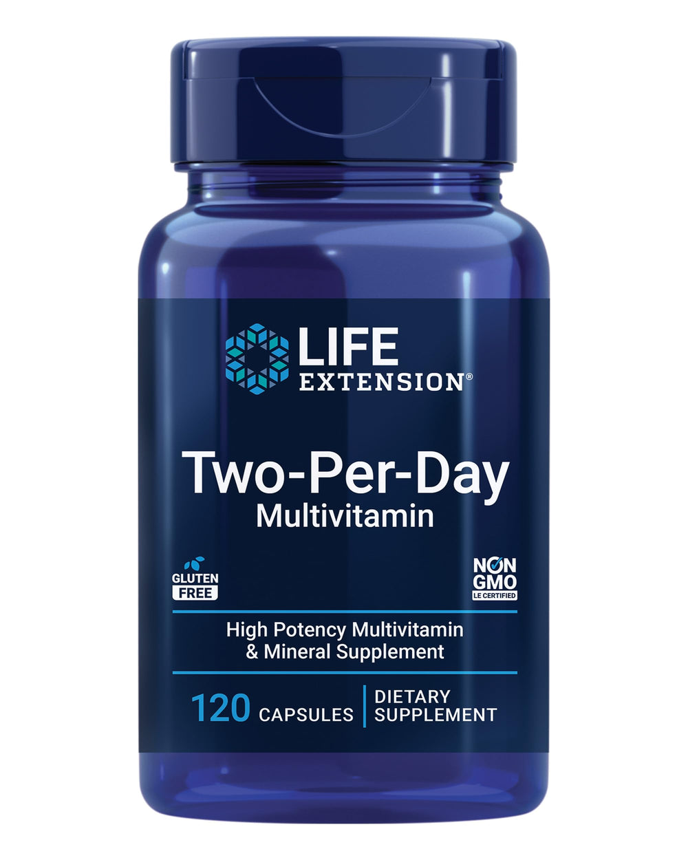 Life Extension envase frontal mostrando marca y suministro de dos meses, confianza visual