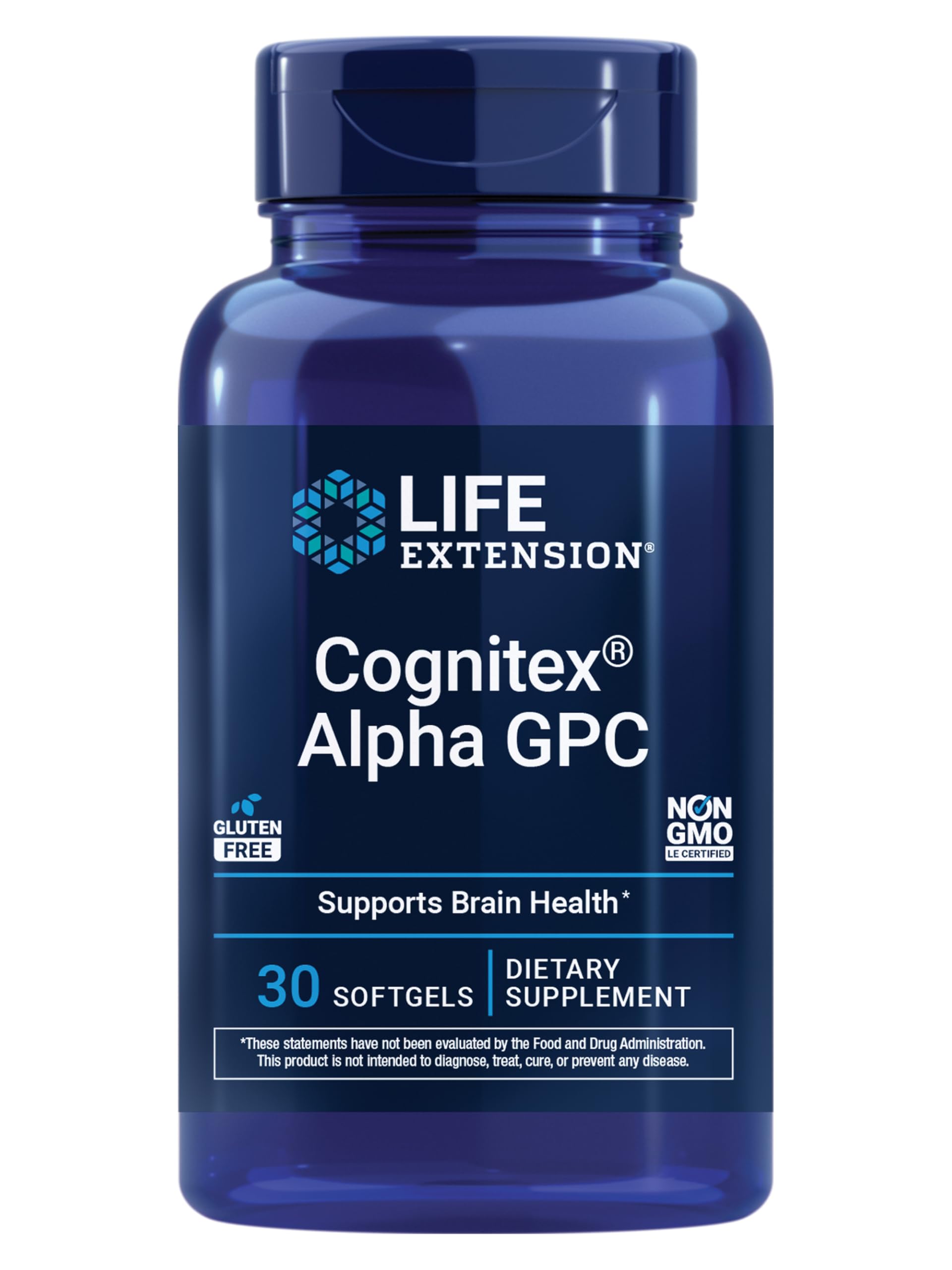 Life Extension frasco frontal de Cognitex Basics mostrando diseño y beneficio de soporte cognitivo