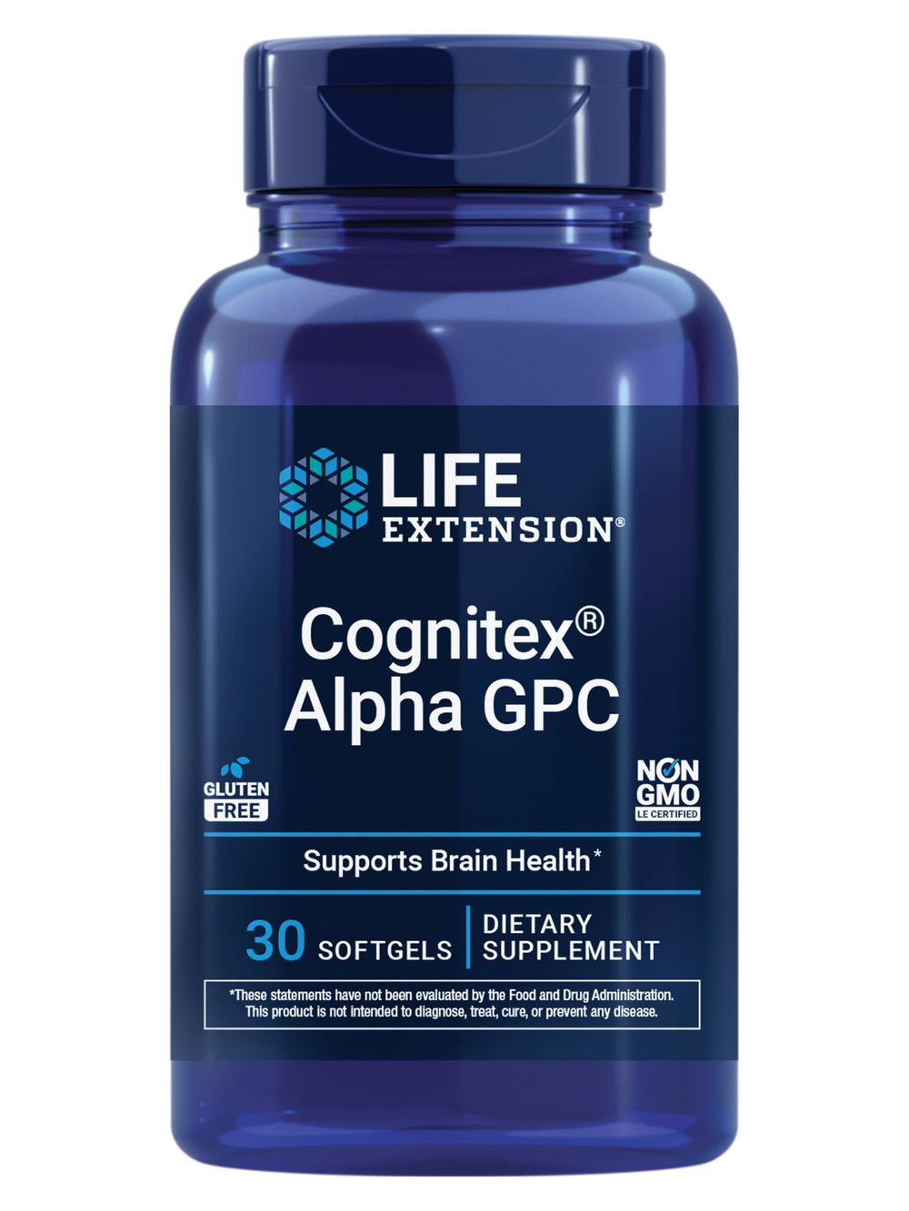 Life Extension frasco frontal de Cognitex Basics mostrando diseño y beneficio de soporte cognitivo