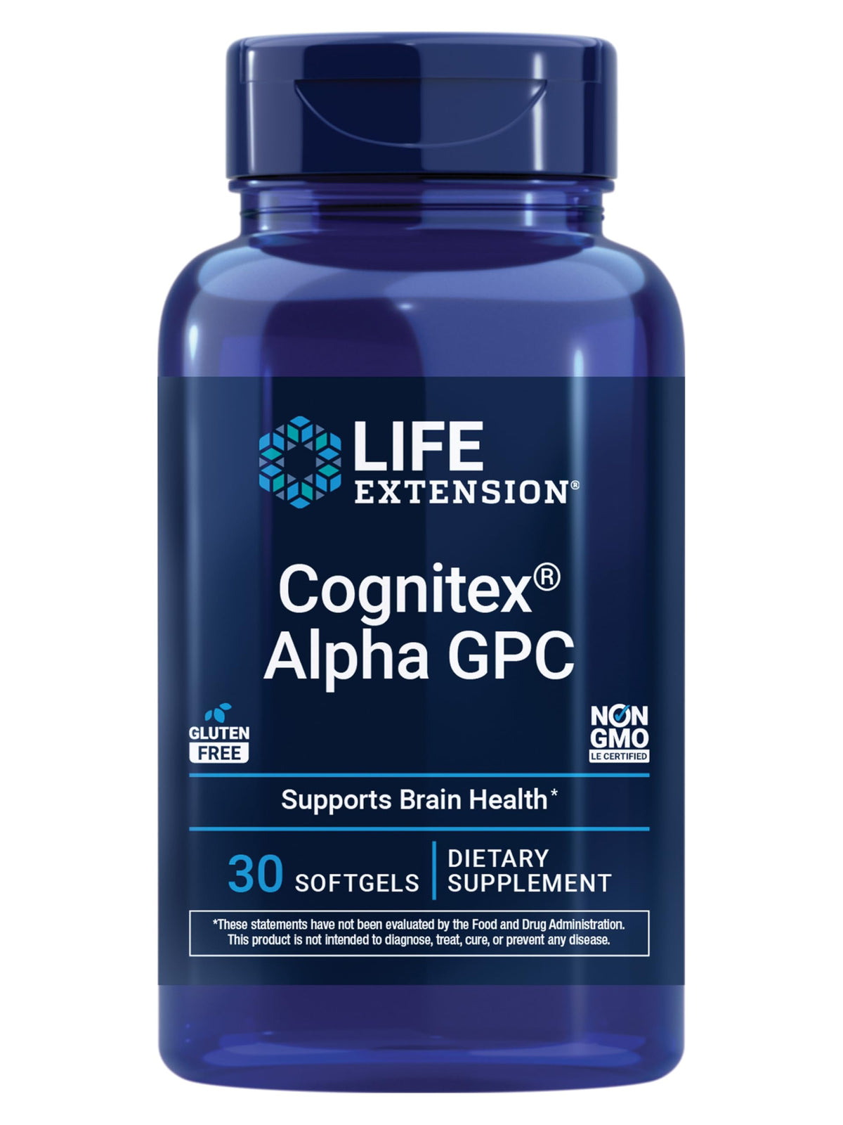 Life Extension frasco frontal de Cognitex Basics mostrando diseño y beneficio de soporte cognitivo