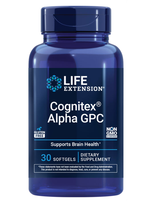 Life Extension frasco frontal de Cognitex Basics mostrando diseño y beneficio de soporte cognitivo