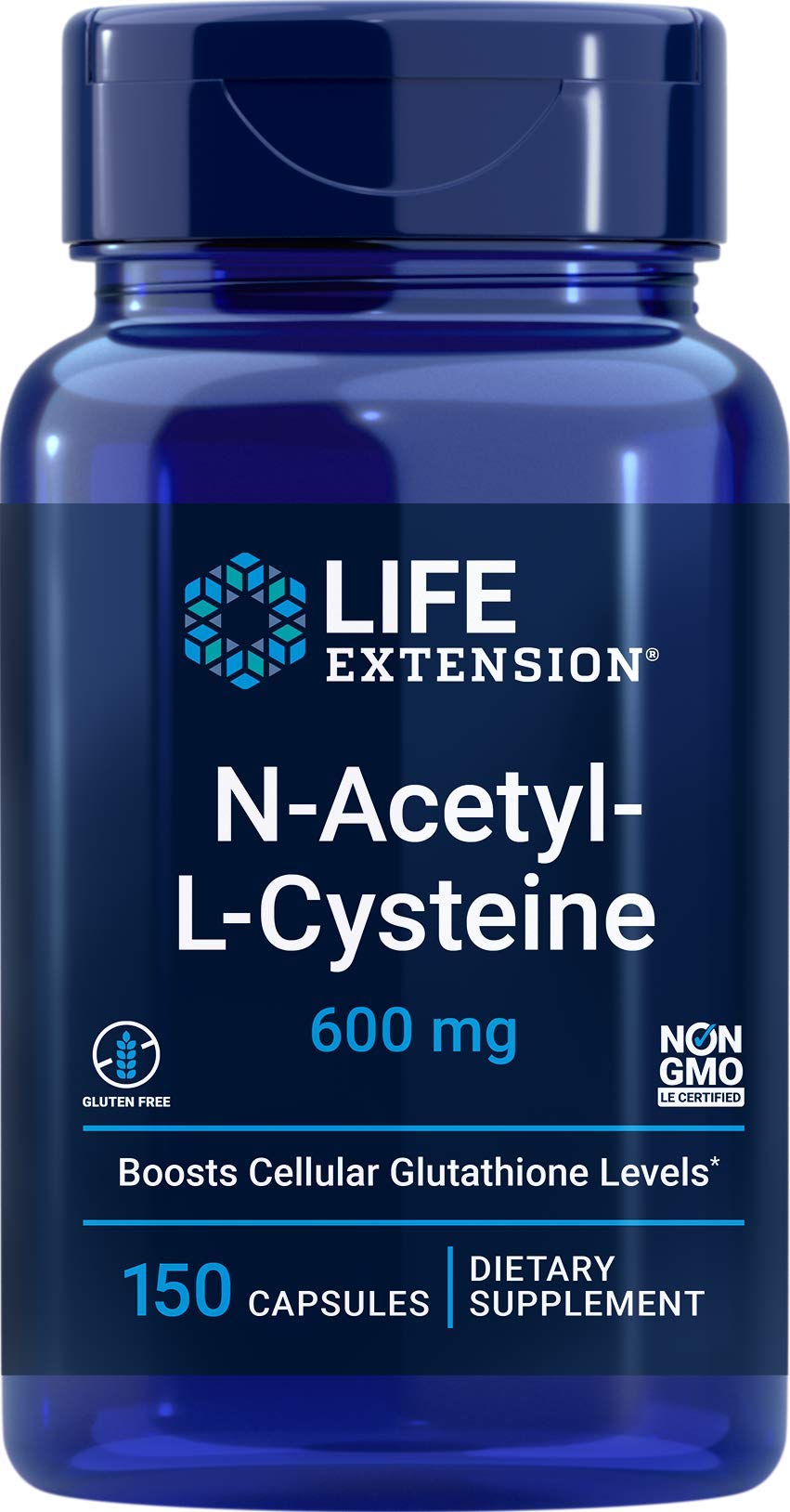 Life Extension frasco frontal de NAC 600 mg, presentación clara y confianza