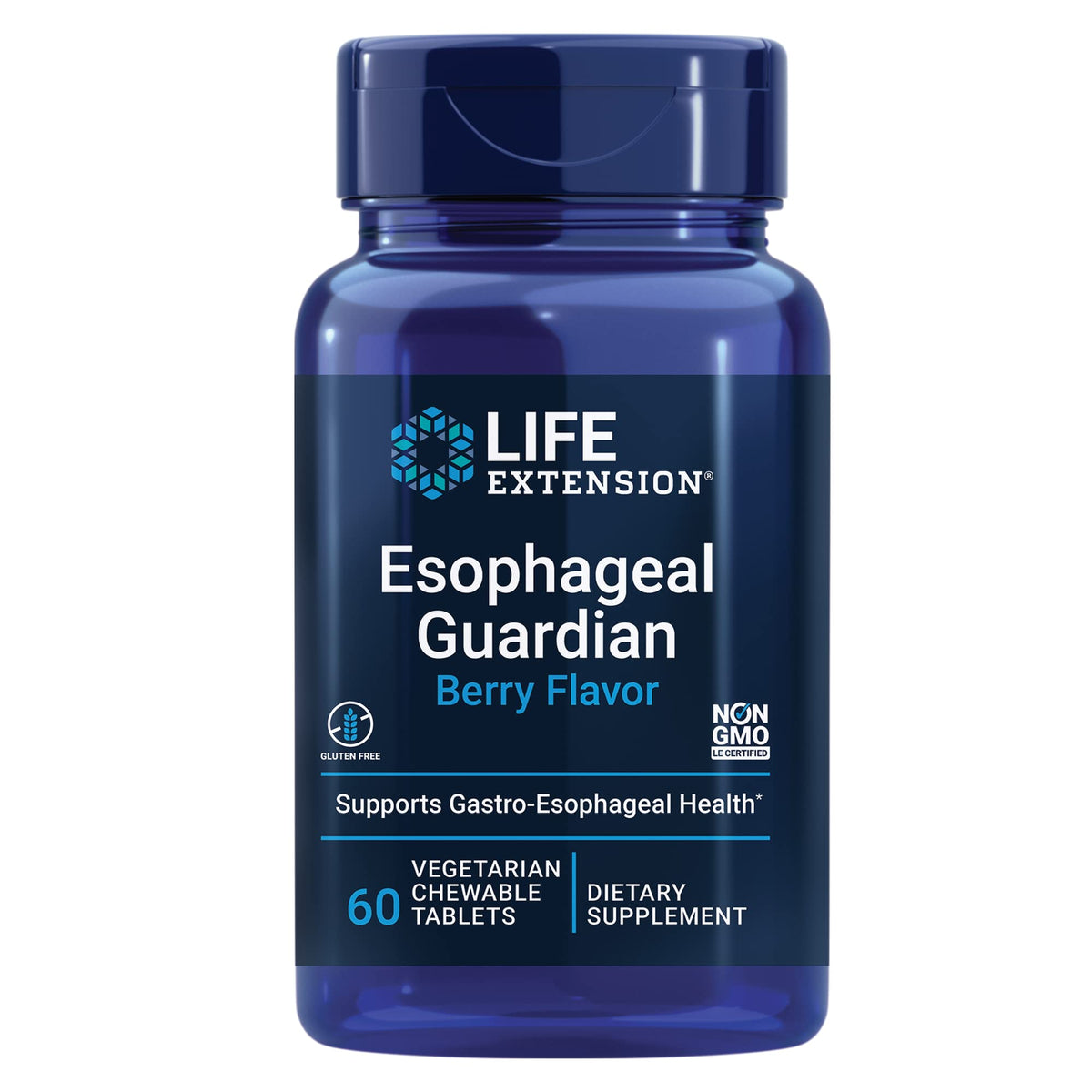 Life Extension empaque frontal del producto que muestra tabletas masticables y beneficios