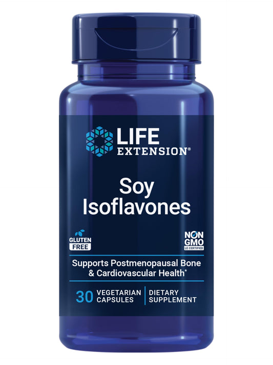 Life Extension envase frontal de Soy Isoflavones mostrando diseño y beneficios