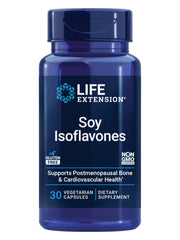 Life Extension envase frontal de Soy Isoflavones mostrando diseño y beneficios
