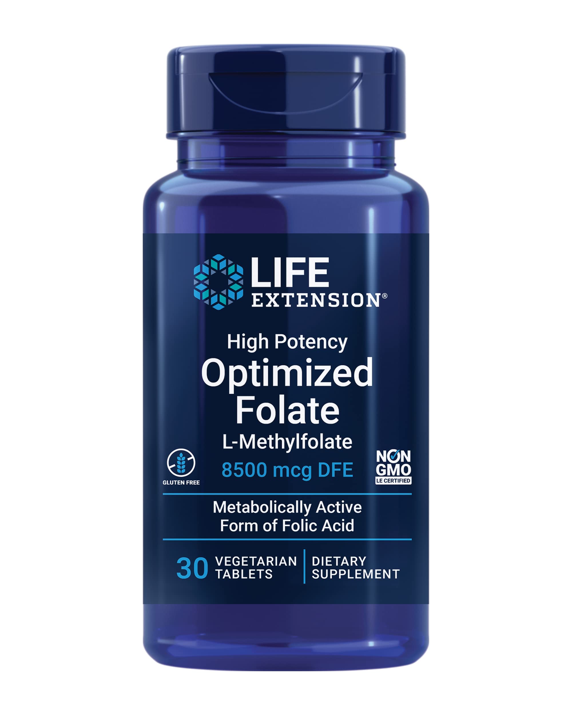 Life Extension envase frontal de 30 tabletas mostrando la marca y beneficio de folato activo
