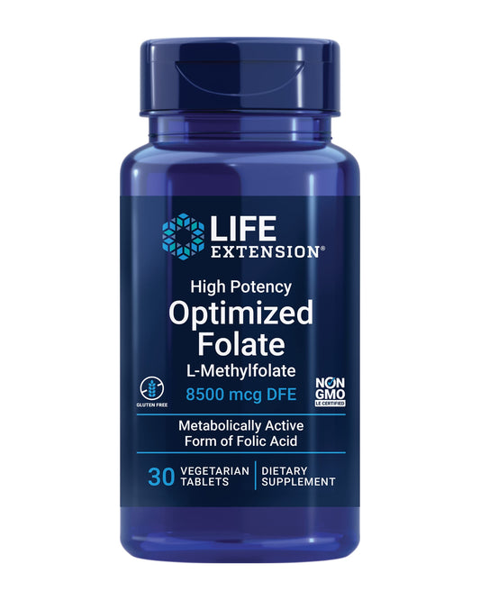 Life Extension envase frontal de 30 tabletas mostrando la marca y beneficio de folato activo