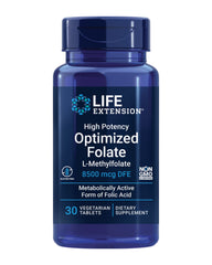 Life Extension envase frontal de 30 tabletas mostrando la marca y beneficio de folato activo