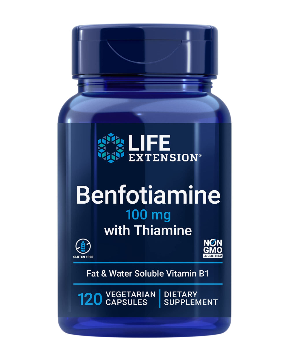 Life Extension envase frontal mostrando benfotiamina y 120 cápsulas beneficio claridad