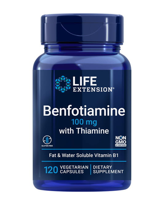 Life Extension envase frontal mostrando benfotiamina y 120 cápsulas beneficio claridad