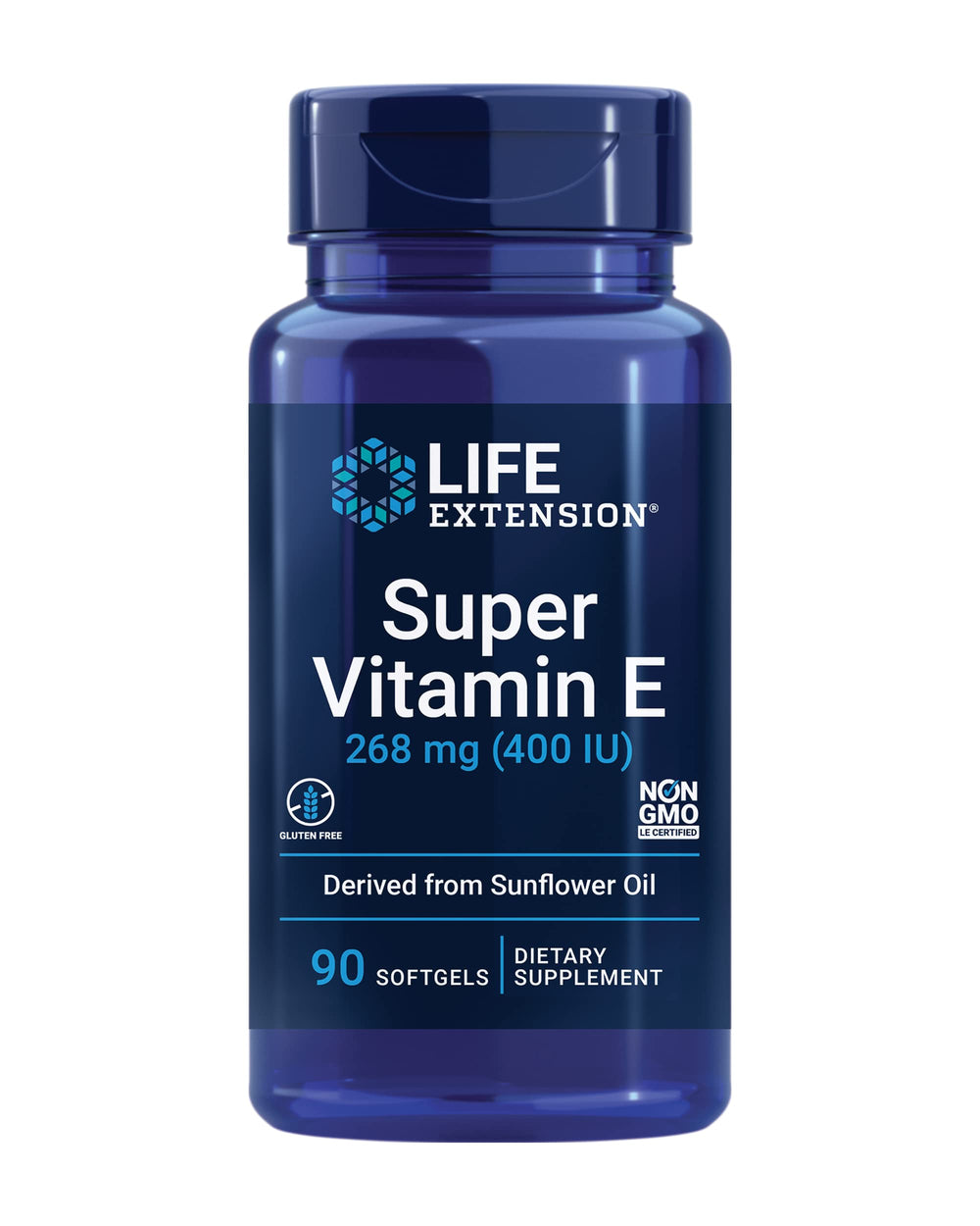 Life Extension envase frontal de Super Vitamin E mostrando el tamaño y marca, confianza en calidad