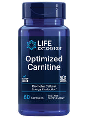 Life Extension frasco frontal de Optimized Carnitine mostrando etiqueta y beneficio energético