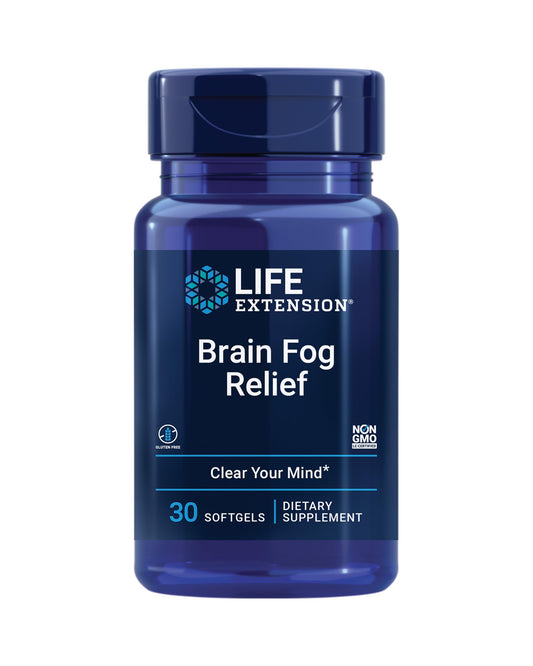 Life Extension envase frontal Brain Fog Relief mostrando diseño y beneficio de enfoque