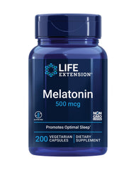 Life Extension botella frontal de melatonina 500 mcg, presentación clara