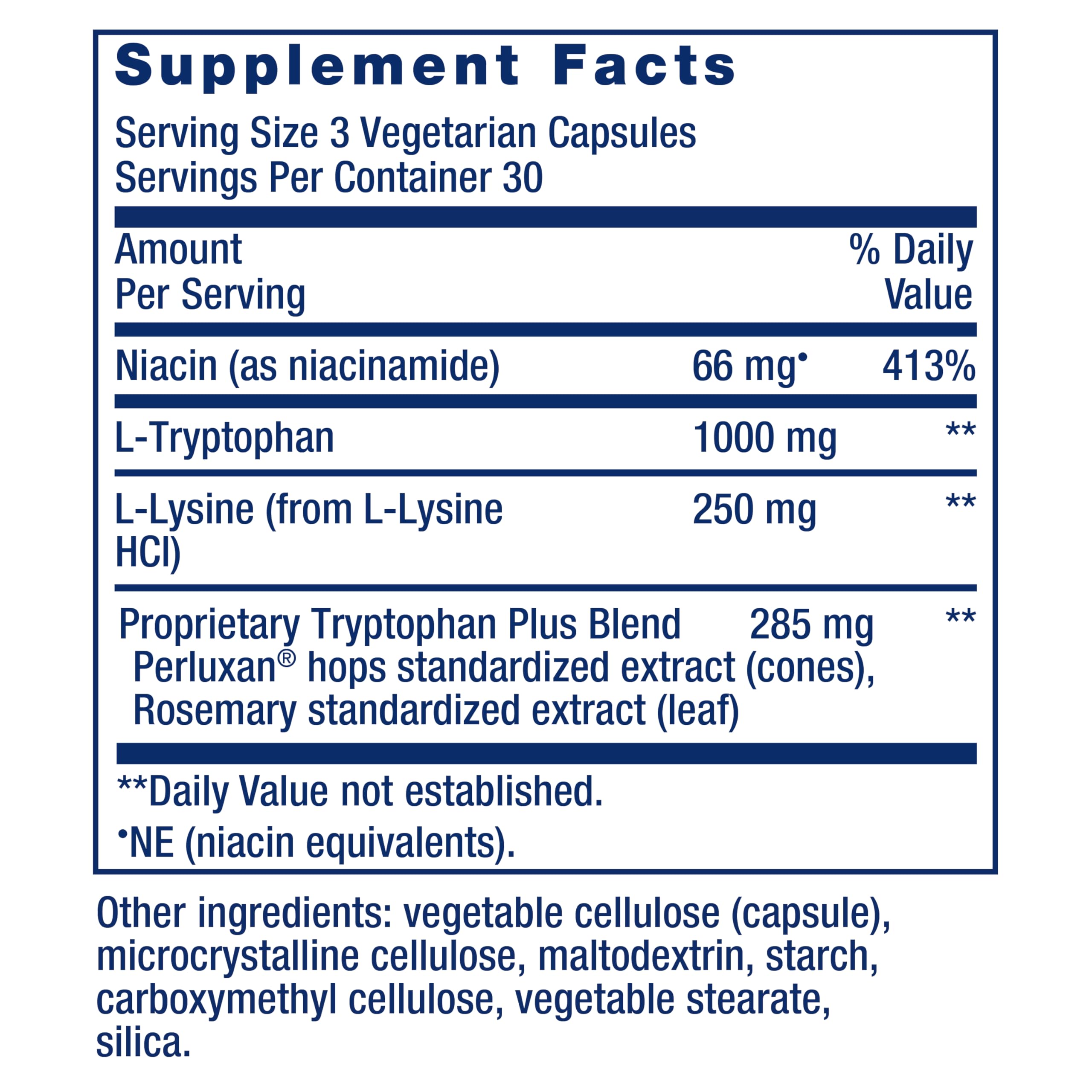 Life Extension ingredientes L-triptófano, niacina y L-lisina para apoyo equilibrado