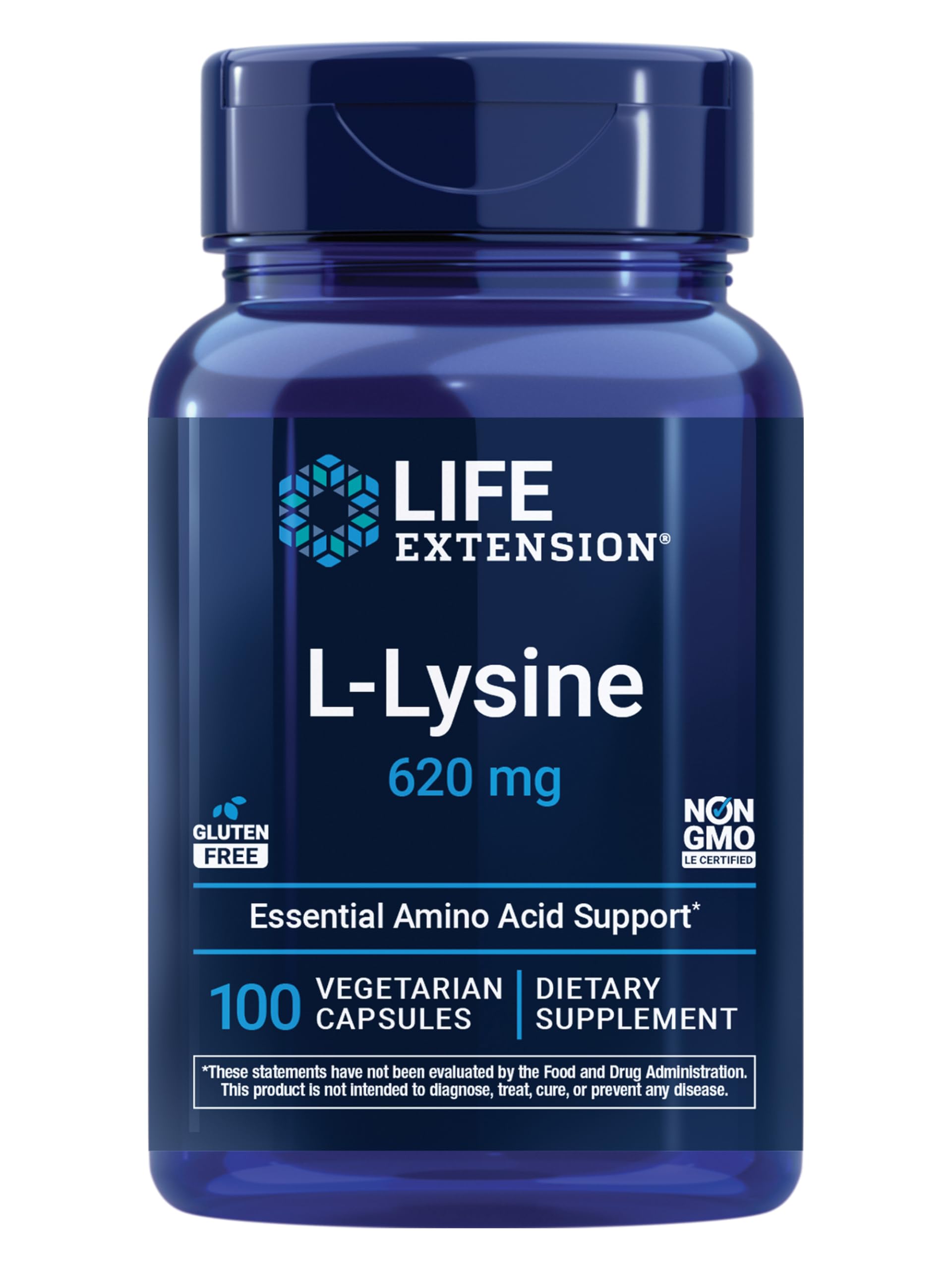 Life Extension frasco frontal mostrando cápsulas y marca, aporte claro