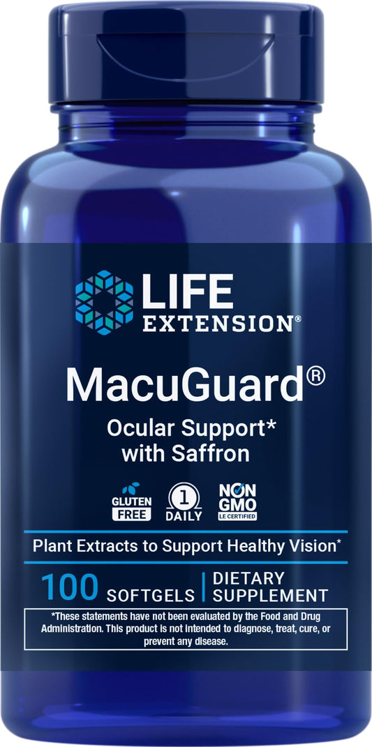Life Extension frasco frontal mostrando 100 cápsulas para soporte ocular