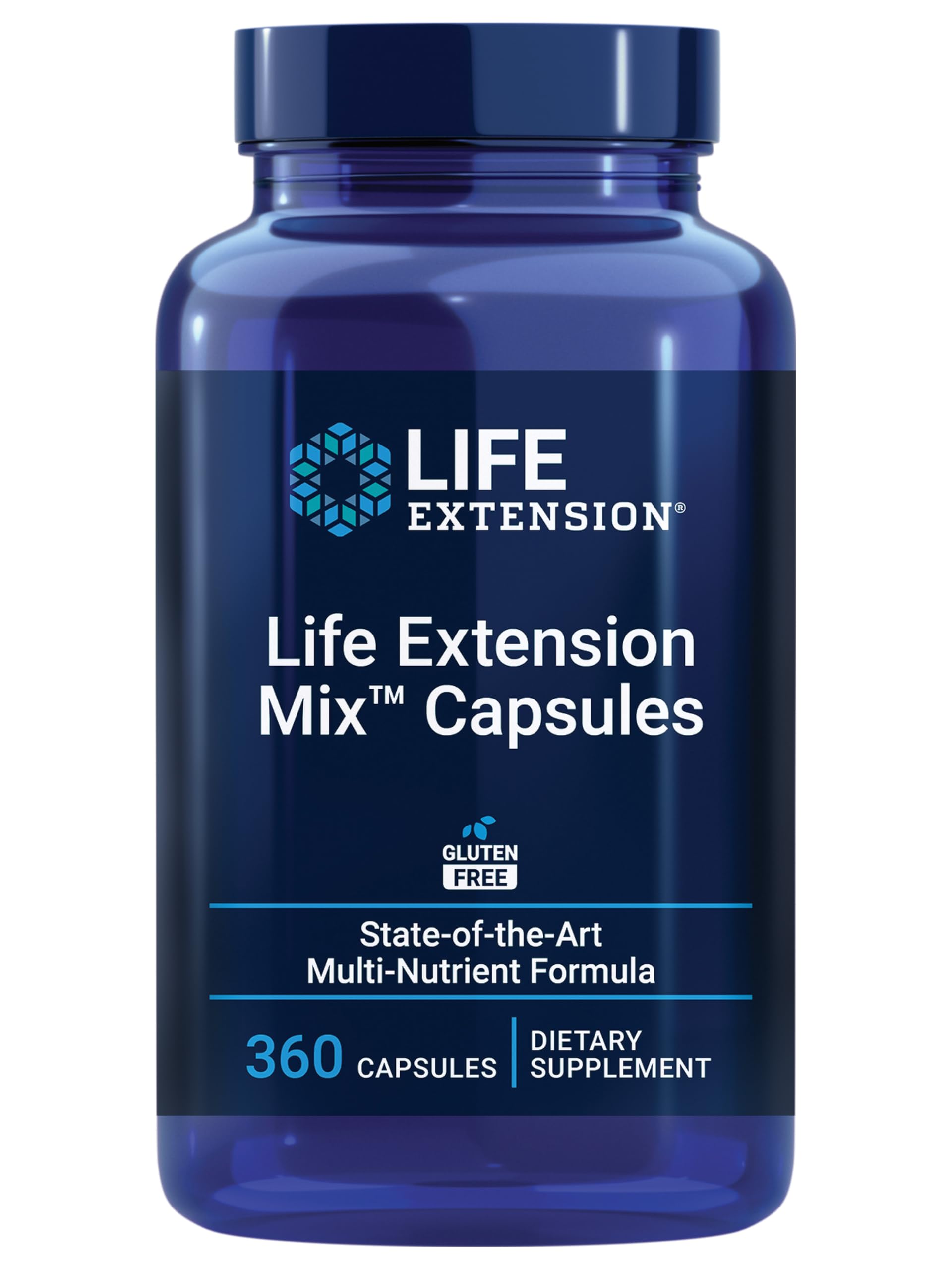 Life Extension frasco frontal mostrando etiqueta y 360 cápsulas, claridad de uso