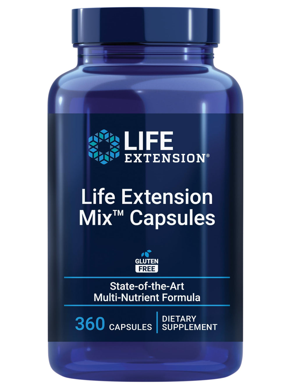 Life Extension frasco frontal mostrando etiqueta y 360 cápsulas, claridad de uso