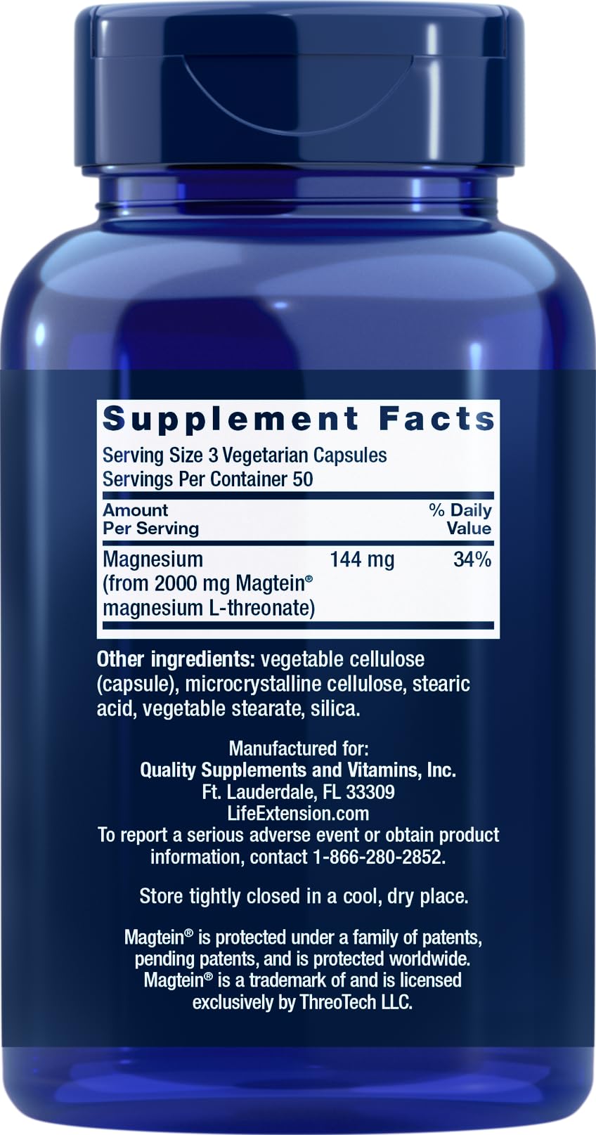 Life Extension etiqueta cercana resaltando Magtein y detalles de ingredientes