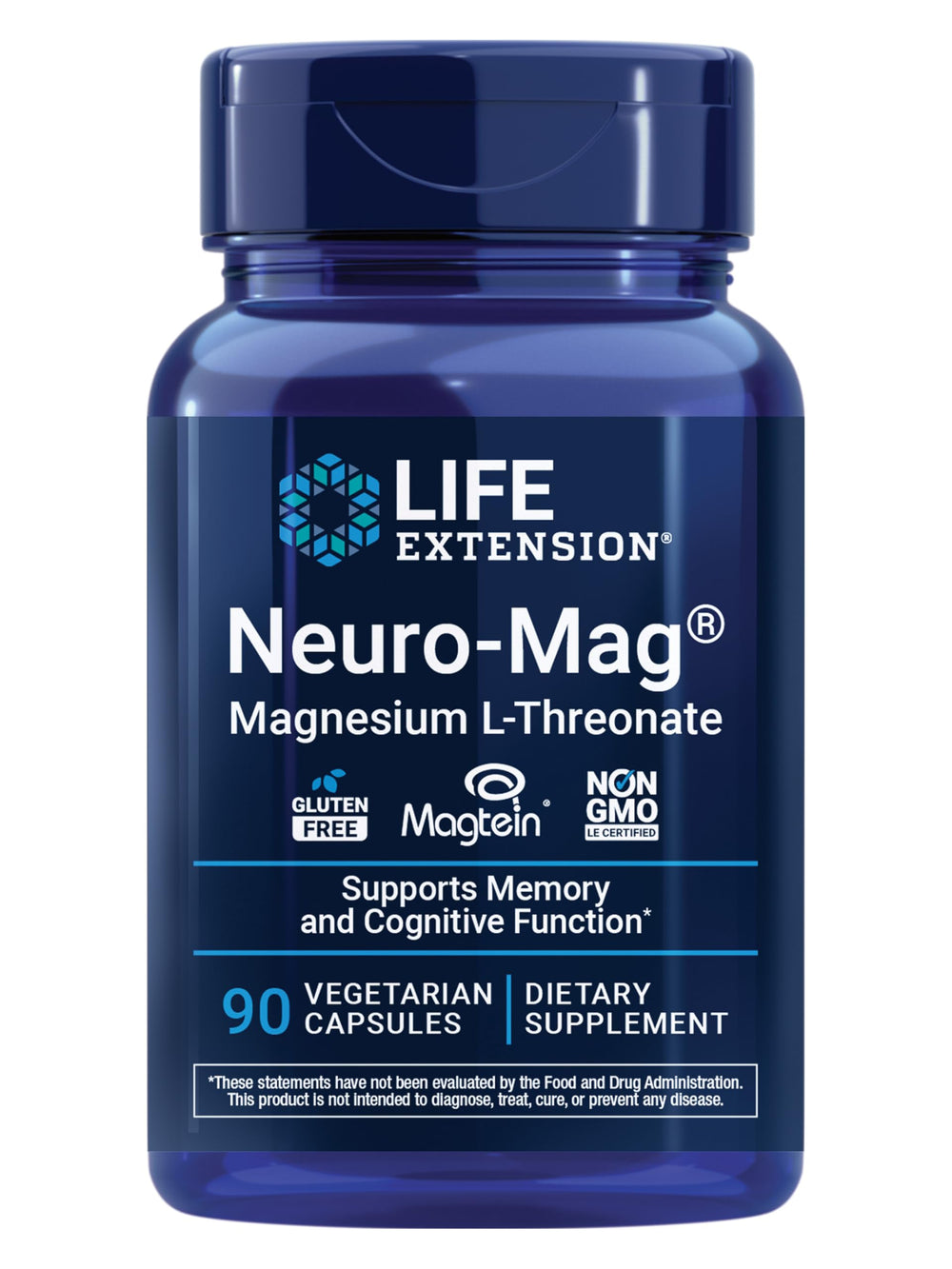Life Extension Neuro-Mag frontal del envase mostrando 90 cápsulas y beneficio cognitivo