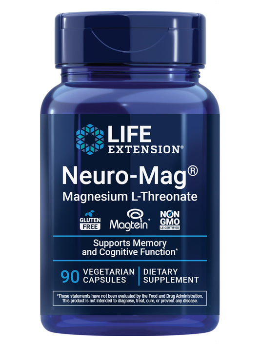 Life Extension Neuro-Mag frontal del envase mostrando 90 cápsulas y beneficio cognitivo