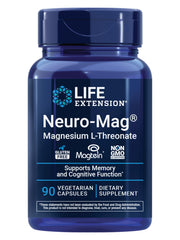 Life Extension Neuro-Mag frontal del envase mostrando 90 cápsulas y beneficio cognitivo