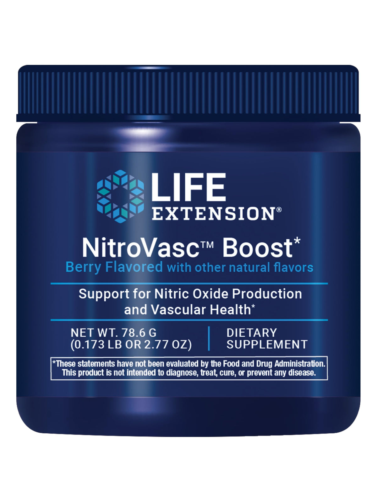 Life Extension NitroVasc Boost envase frontal que muestra el diseño y beneficio de circulación