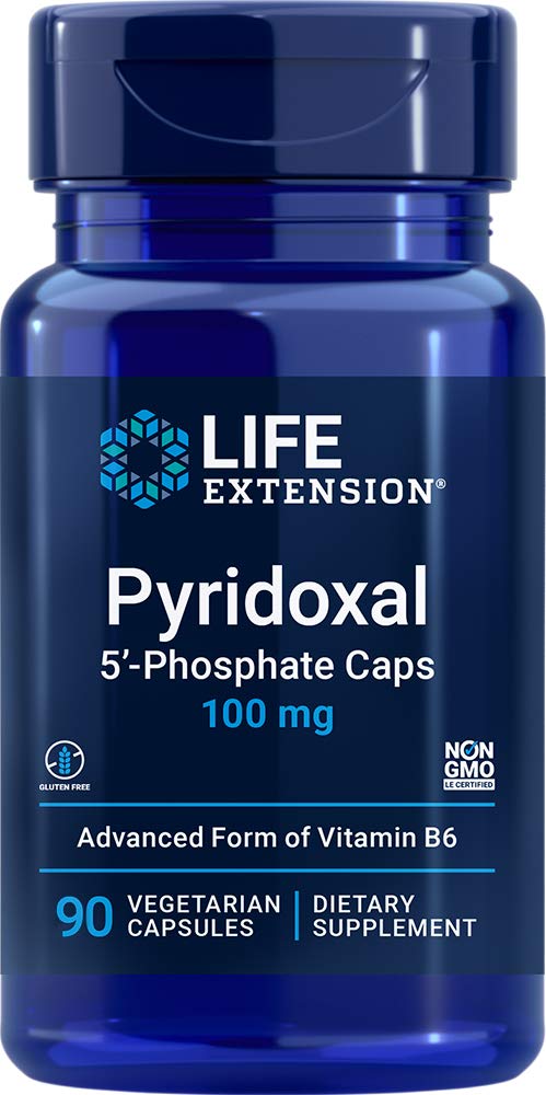 Life Extension frasco P5P frontal mostrando etiqueta clara y beneficios