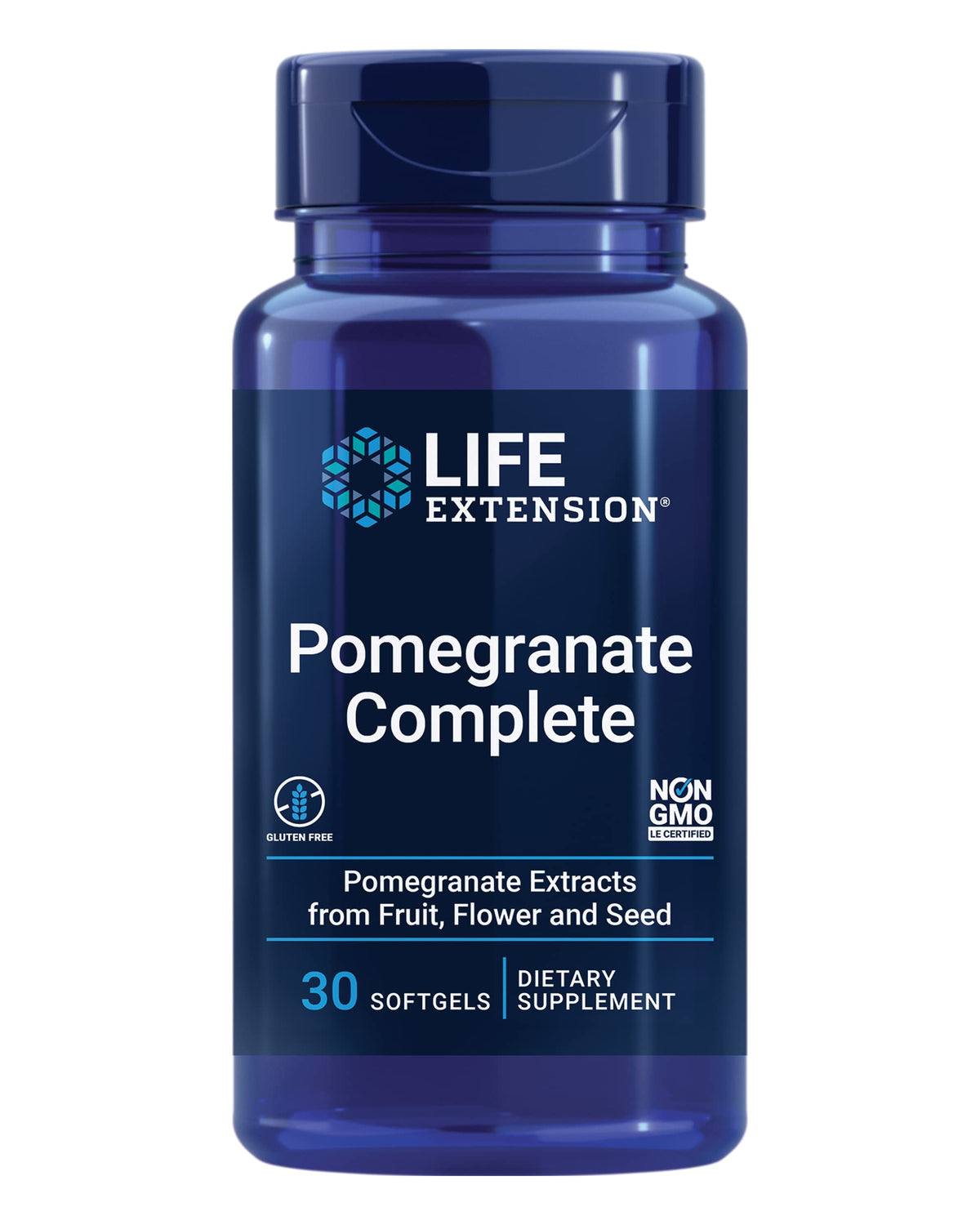Life Extension bote frontal de Pomegranate Complete mostrando diseño y cantidad