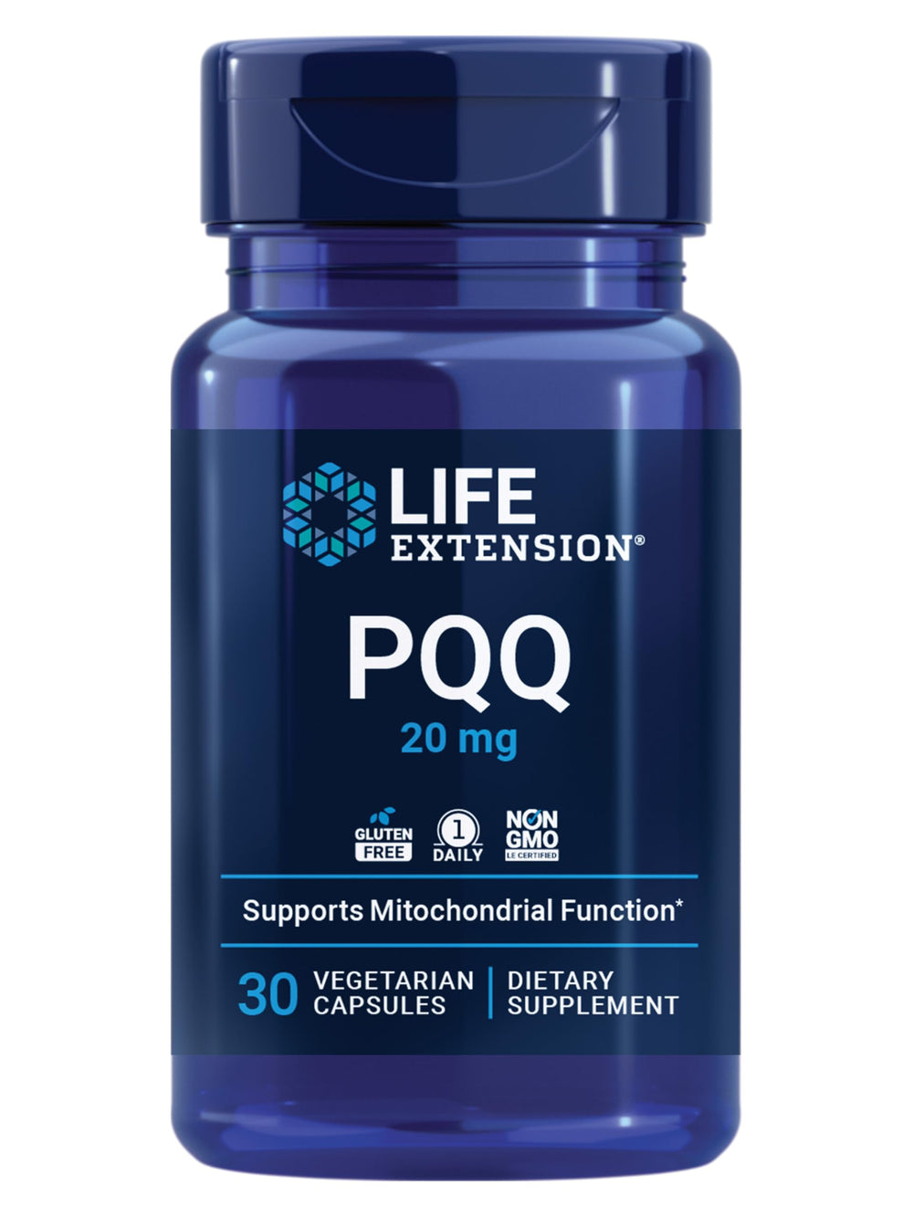 Life Extension envase frontal mostrando PQQ 20 mg y beneficios visibles