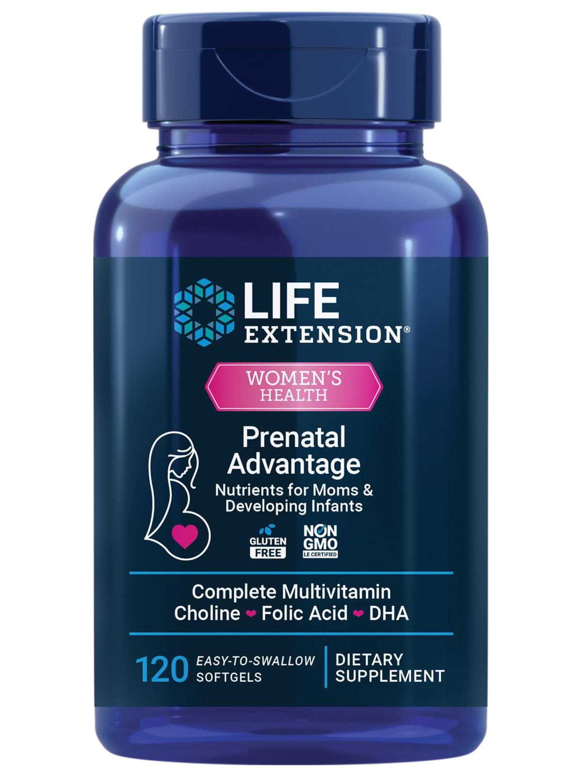 Life Extension empaque frontal que muestra multivitamínico prenatal y beneficios