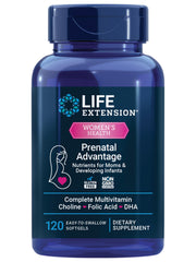 Life Extension empaque frontal que muestra multivitamínico prenatal y beneficios