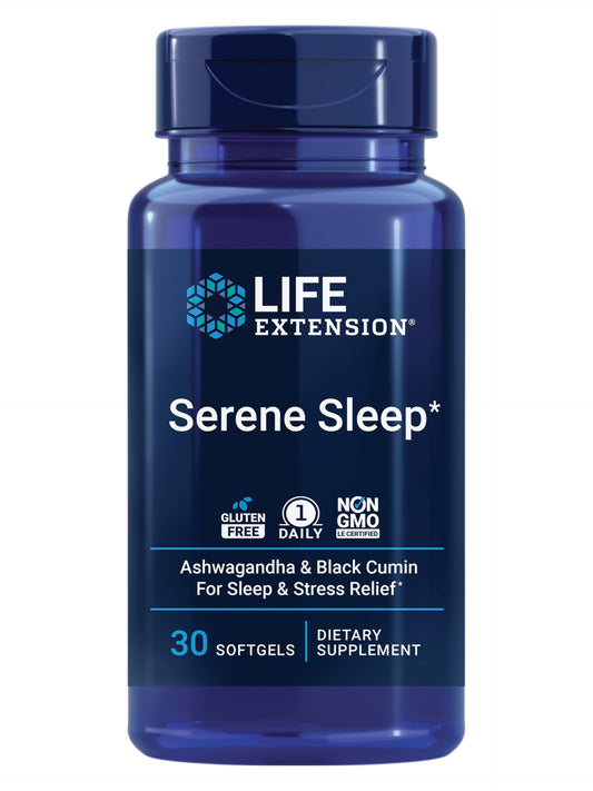 Life Extension frasco frontal mostrando serene sleep y beneficios para dormir