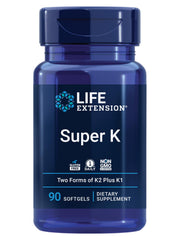 Envase Life Extension Super K visto al frente mostrando 90 cápsulas y beneficios