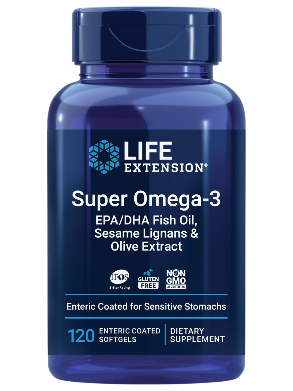 Life Extension frasco frontal mostrando el logo y beneficio cardiaco