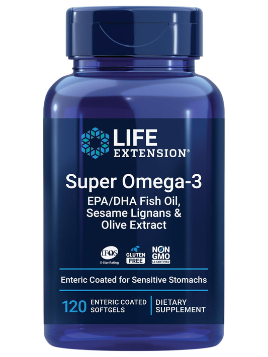 Life Extension frasco frontal mostrando el logo y beneficio cardiaco