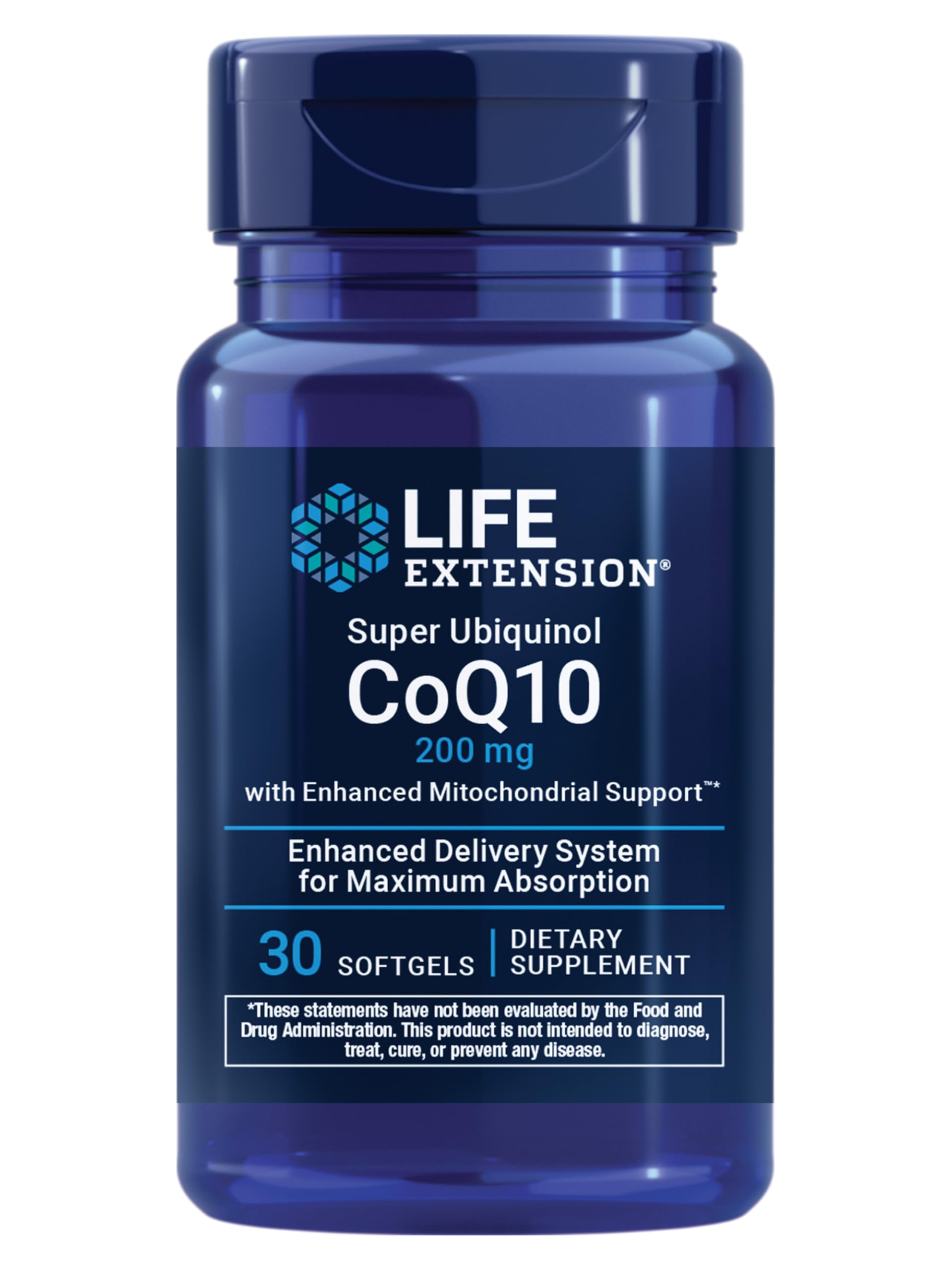 Life Extension frasco frontal mostrando etiqueta y beneficio de ubiquinol