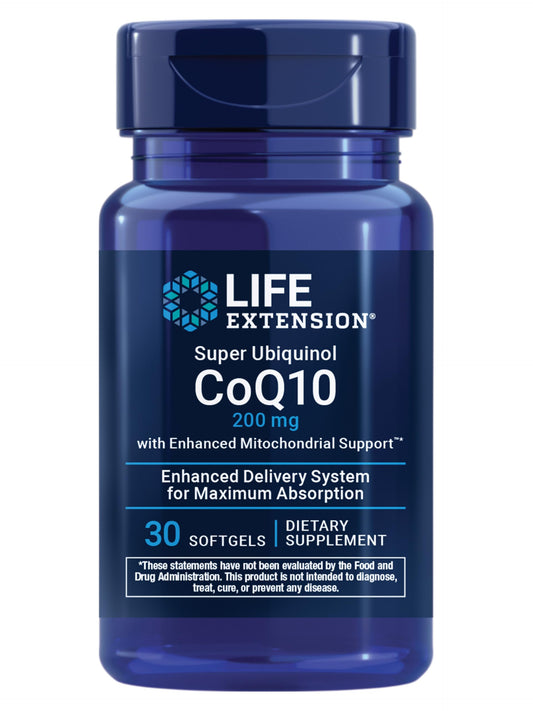 Life Extension frasco frontal mostrando etiqueta y beneficio de ubiquinol