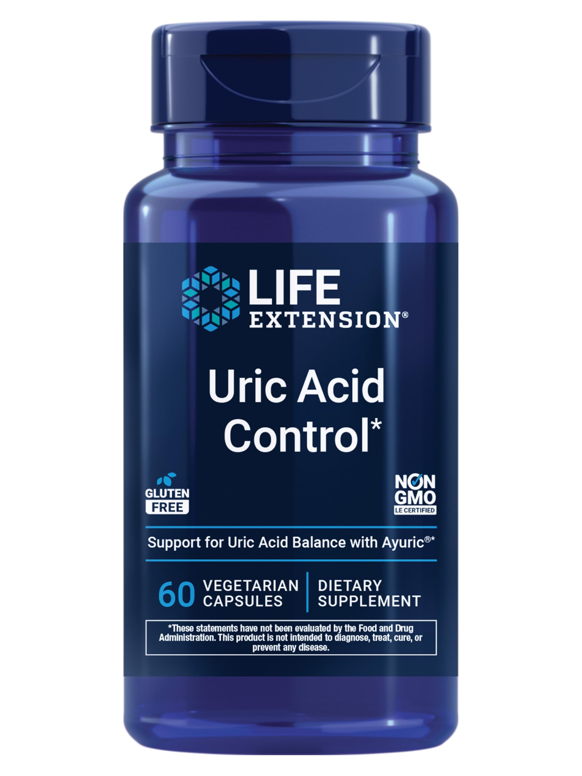 Life Extension vista frontal del envase con beneficio de control de ácido úrico