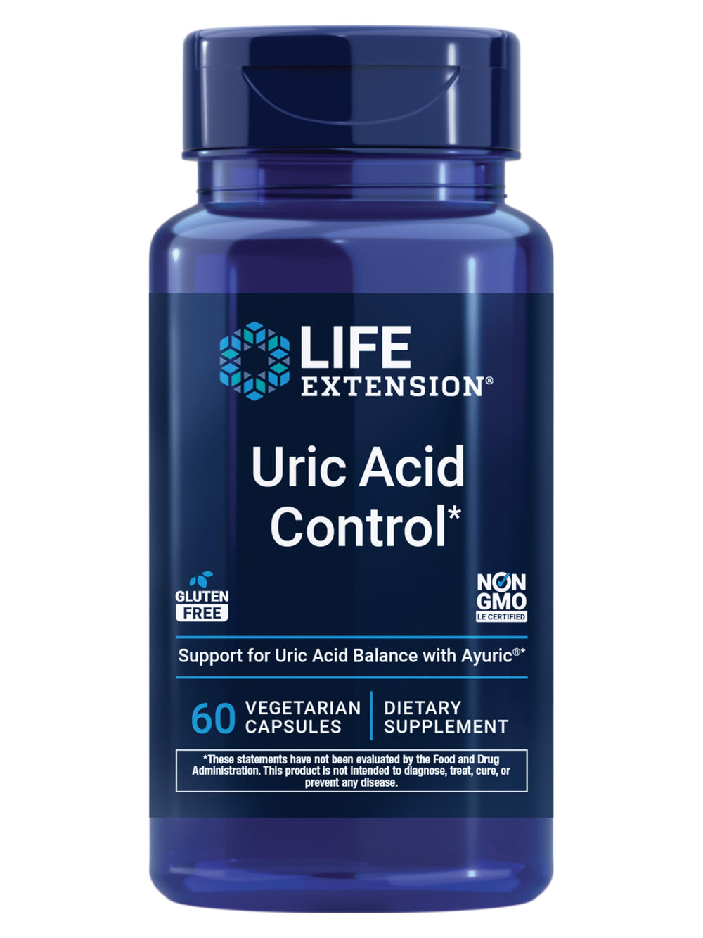 Life Extension vista frontal del envase con beneficio de control de ácido úrico