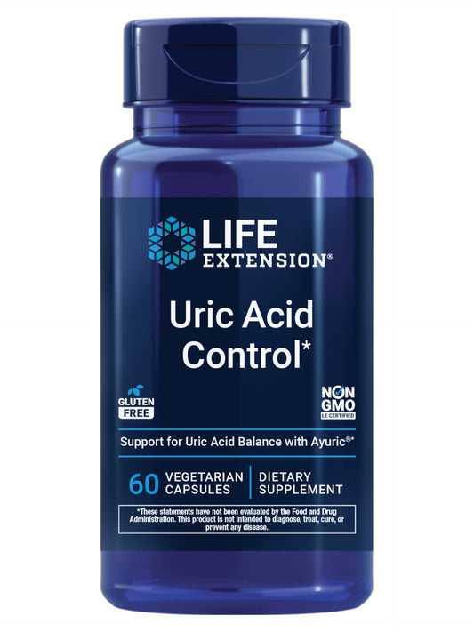 Life Extension vista frontal del envase con beneficio de control de ácido úrico